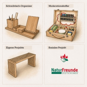 Holzprodukte aus dem Führungskräfte-Workshop: Schreibtisch-Organizer, Moderationskoffer, eigene Projekte wie Sitzmöbel und soziales Projekt für NaturFreunde Deutschlands