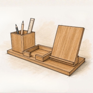 Selbstgebauter Schreibtisch-Organizer aus Holz – handwerkliches Ergebnis aus dem offenen Führungskräfte-Training in der Schreinerei
